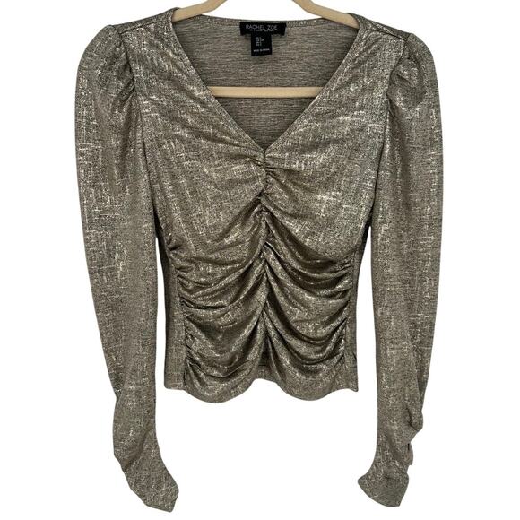 Rachel Zoe Gold Metallic Ruched V-Neck Blouse Long Sleeve Party Holidays S - Picture 1 of 9